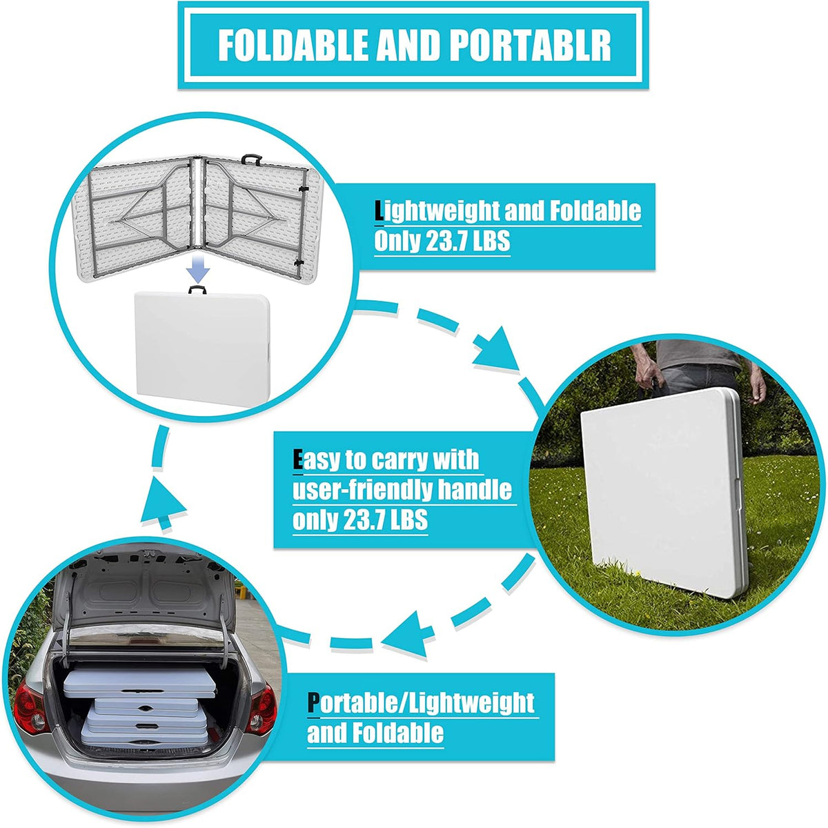 White 6 Foot Foldable Plastic Table with Handle K947