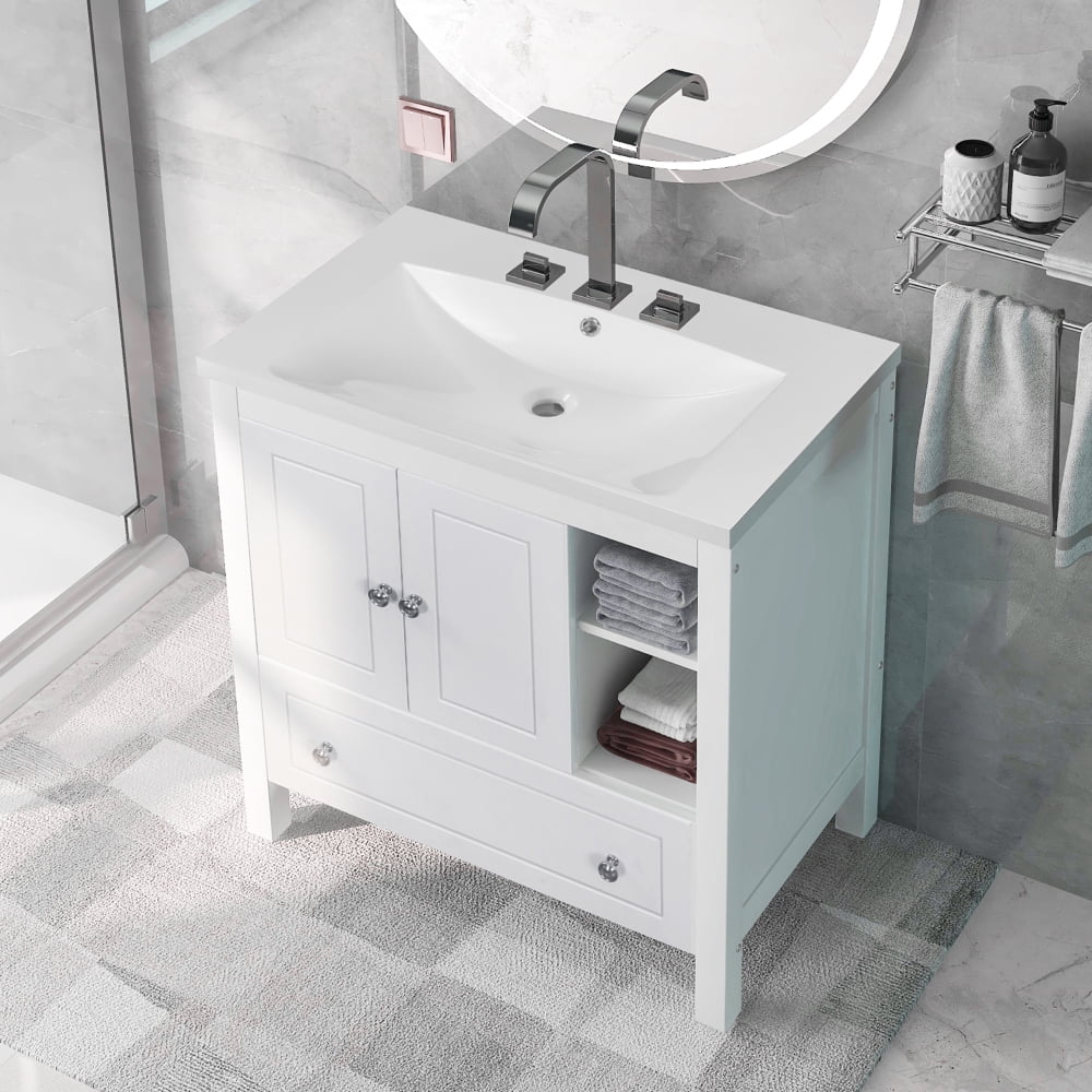 30" White Bathroom Vanity with Ceramic Sink and Storage Cabinet F511