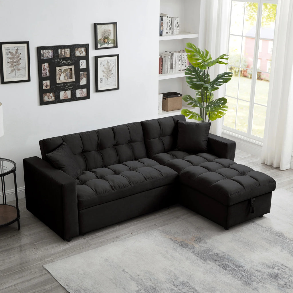 84" Black Velvet Convertible Sleeper Sofa with Storage Chaise B77914