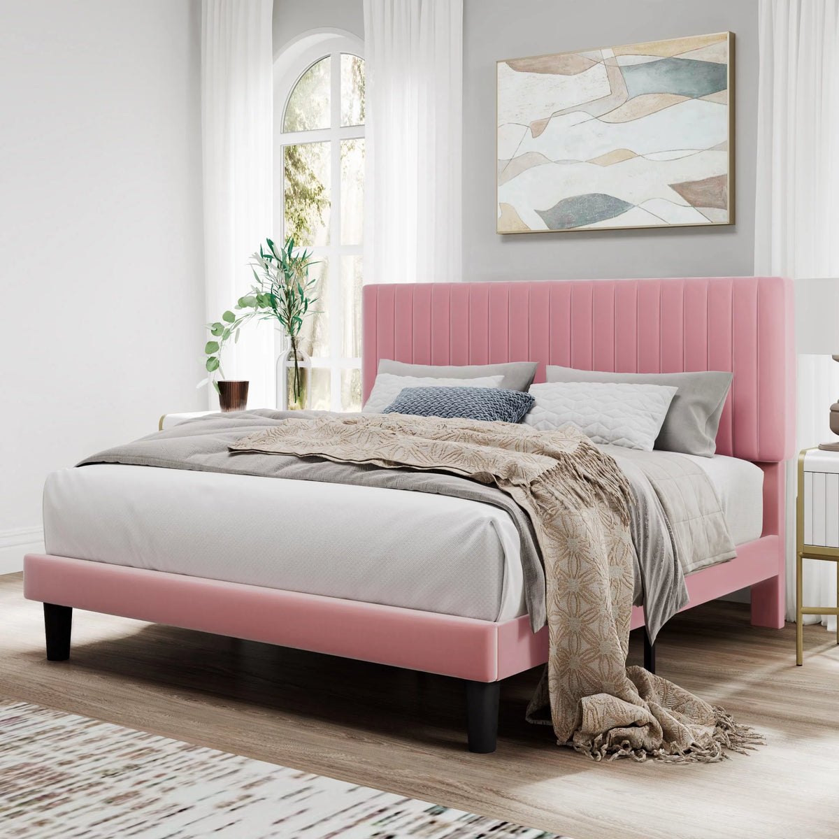 Pink Queen Size Upholstered Platform Bed Frame with Velvet Headboard C153333