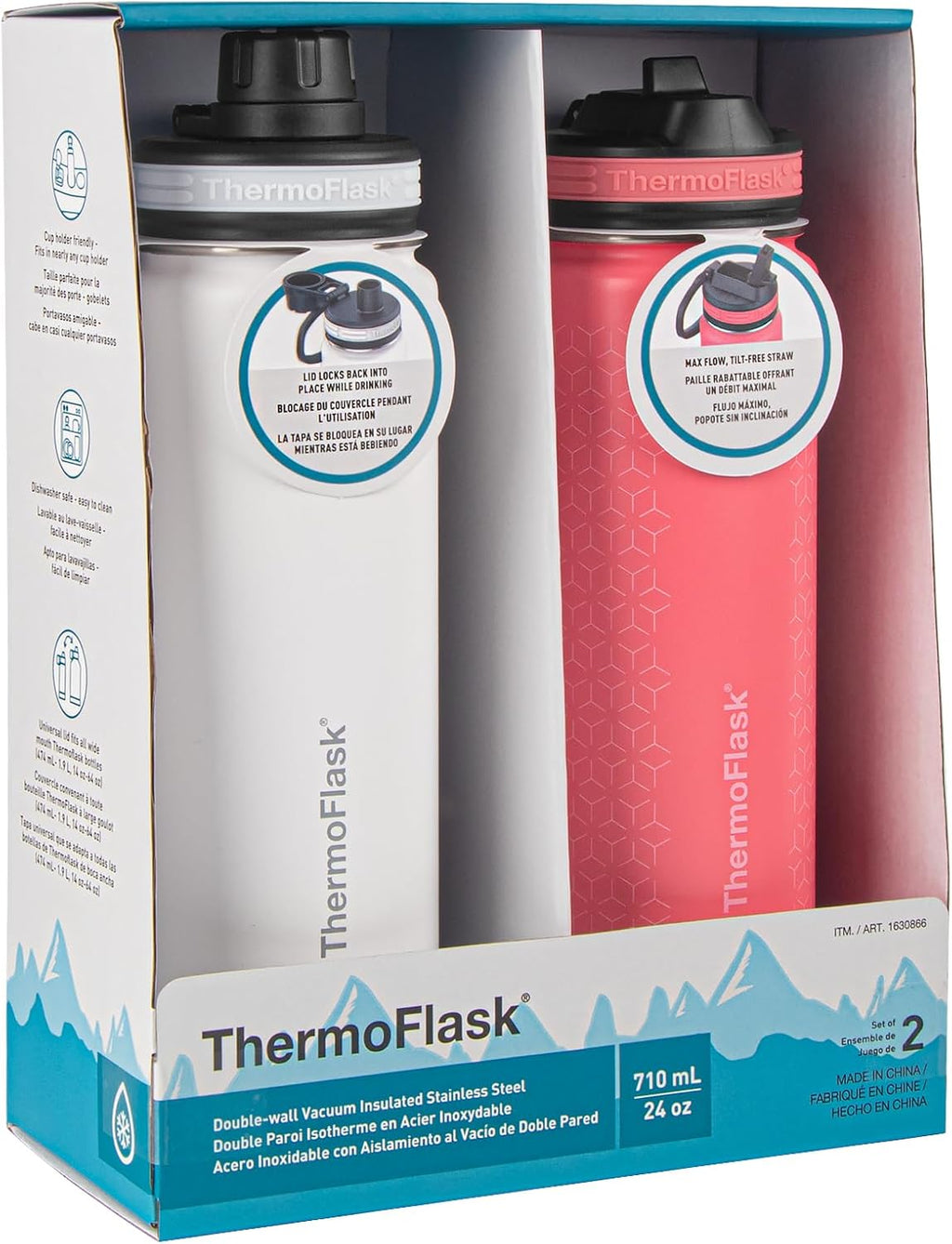24 oz Double Wall Vacuum Insulated Stainless Steel Water Bottles 2-Pack White/Coral S43095