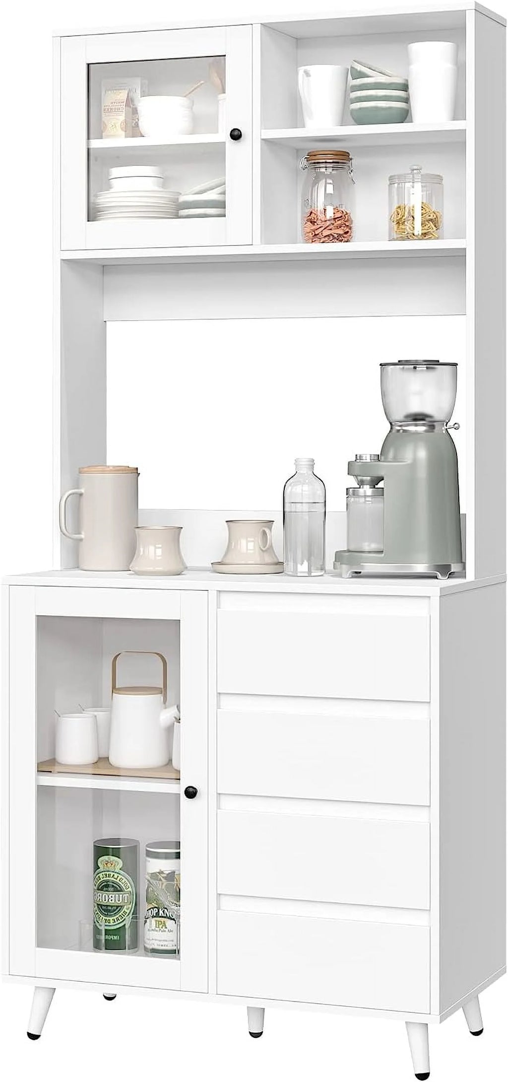 White Kitchen Pantry Cabinet with Countertop and Glass Doors S683579