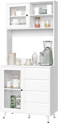 White Kitchen Pantry Cabinet with Countertop and Glass Doors S683579