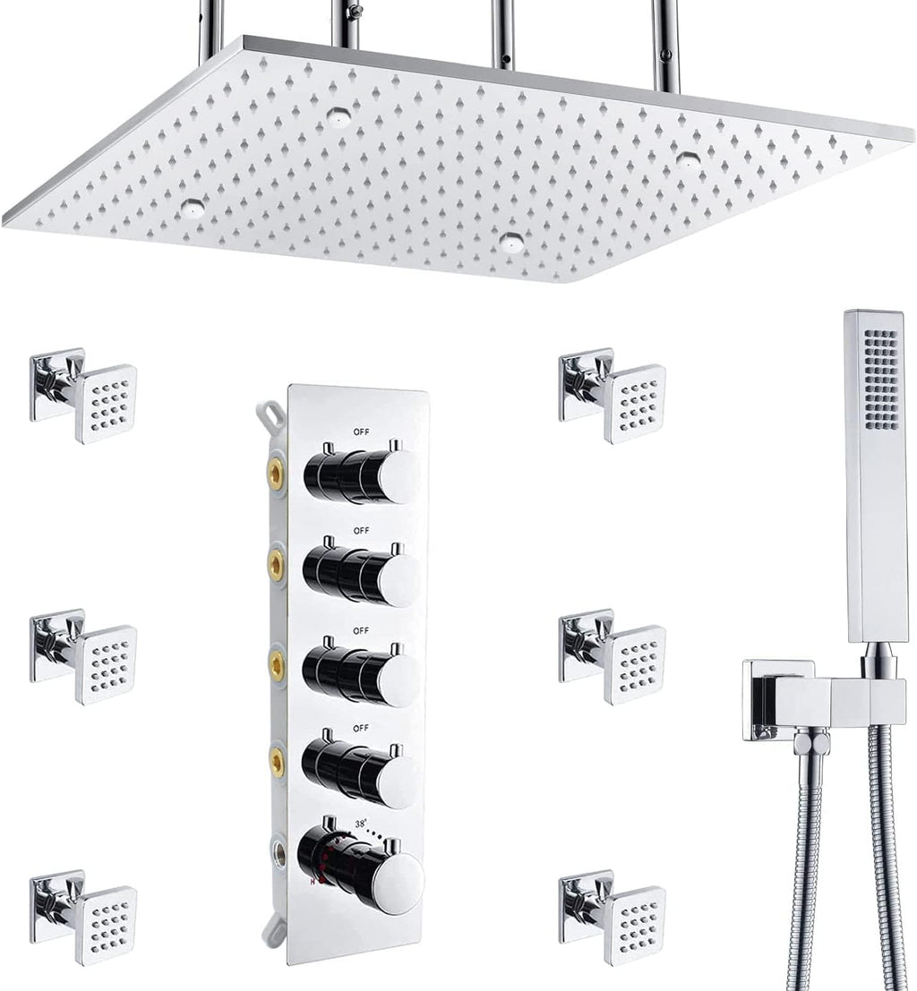 Brushed Gold Thermostatic Rain Shower Head System with Body Spray and Handheld Combo Set J343283