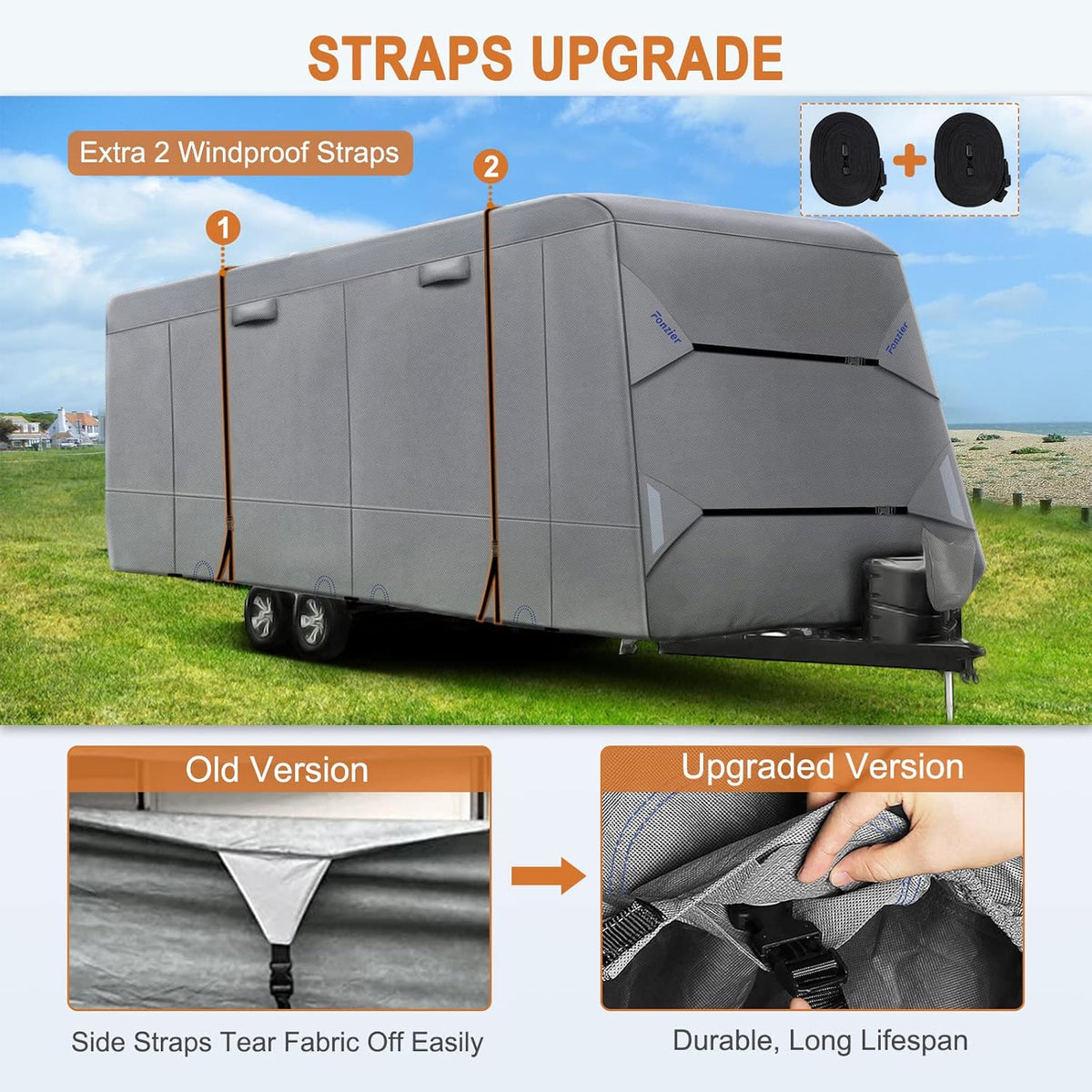 Heavy Duty 6 Layers Travel Trailer RV Cover Anti-UV Camper Cover for 24'1" - 26' Motorhome Breathable Rip-Stop with 2Pcs Extra Straps & Gutter Spout Covers H5734