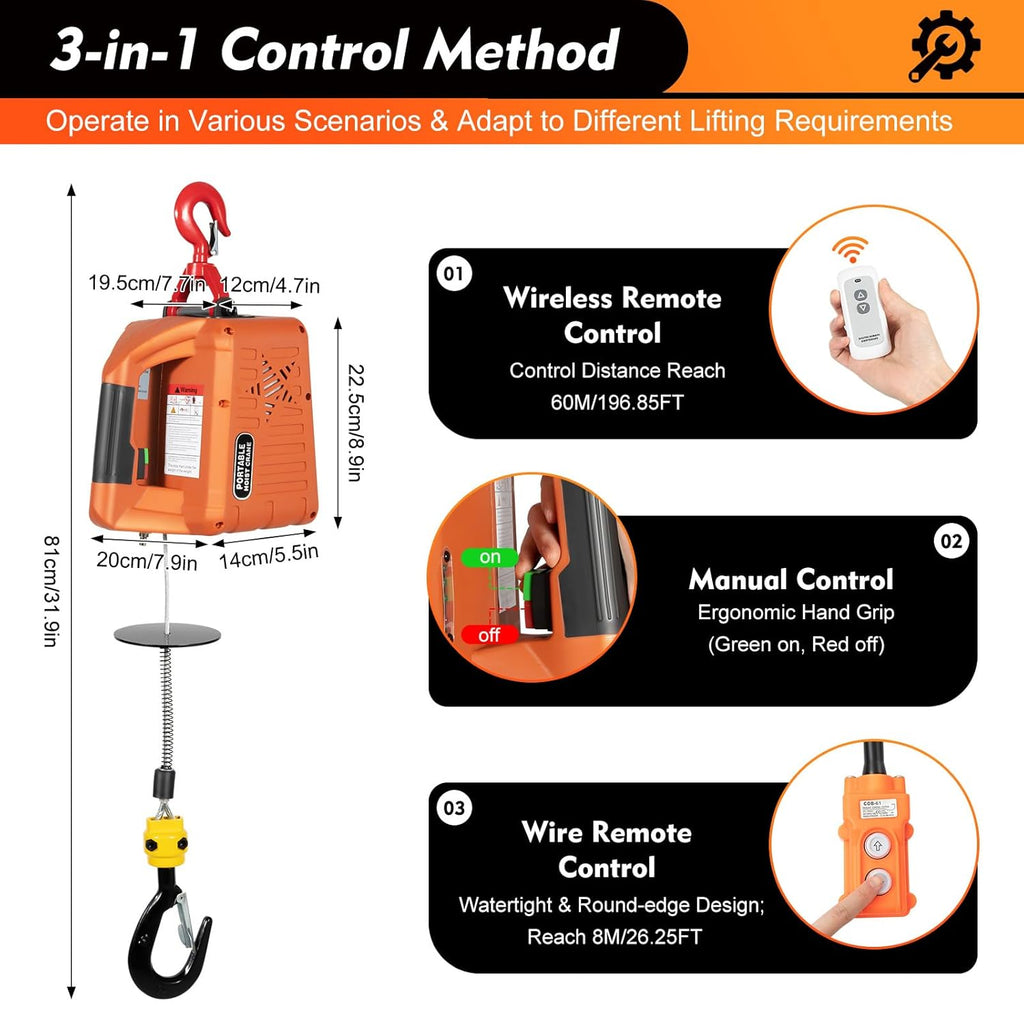 660LBS 110V 1500W Electric Hoist Winch with Wired and Wireless Remote Control E907