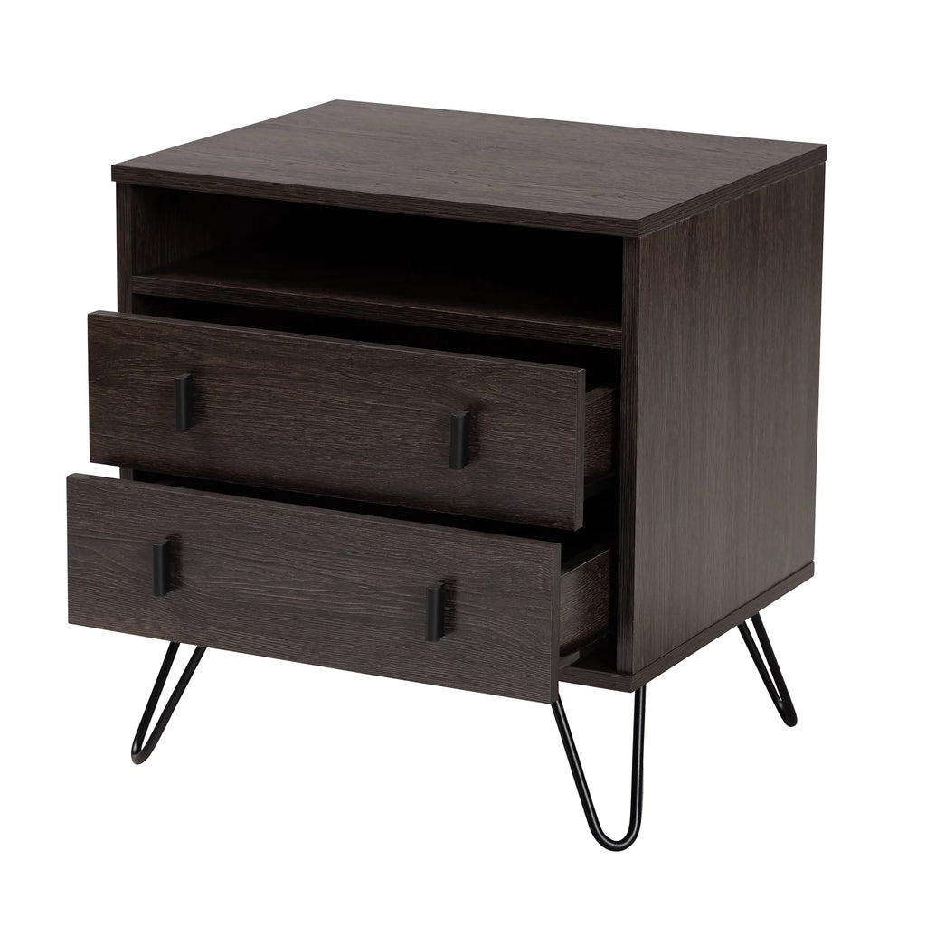 Dark Brown Wood and Black Metal 2-Drawer Nightstand V88788