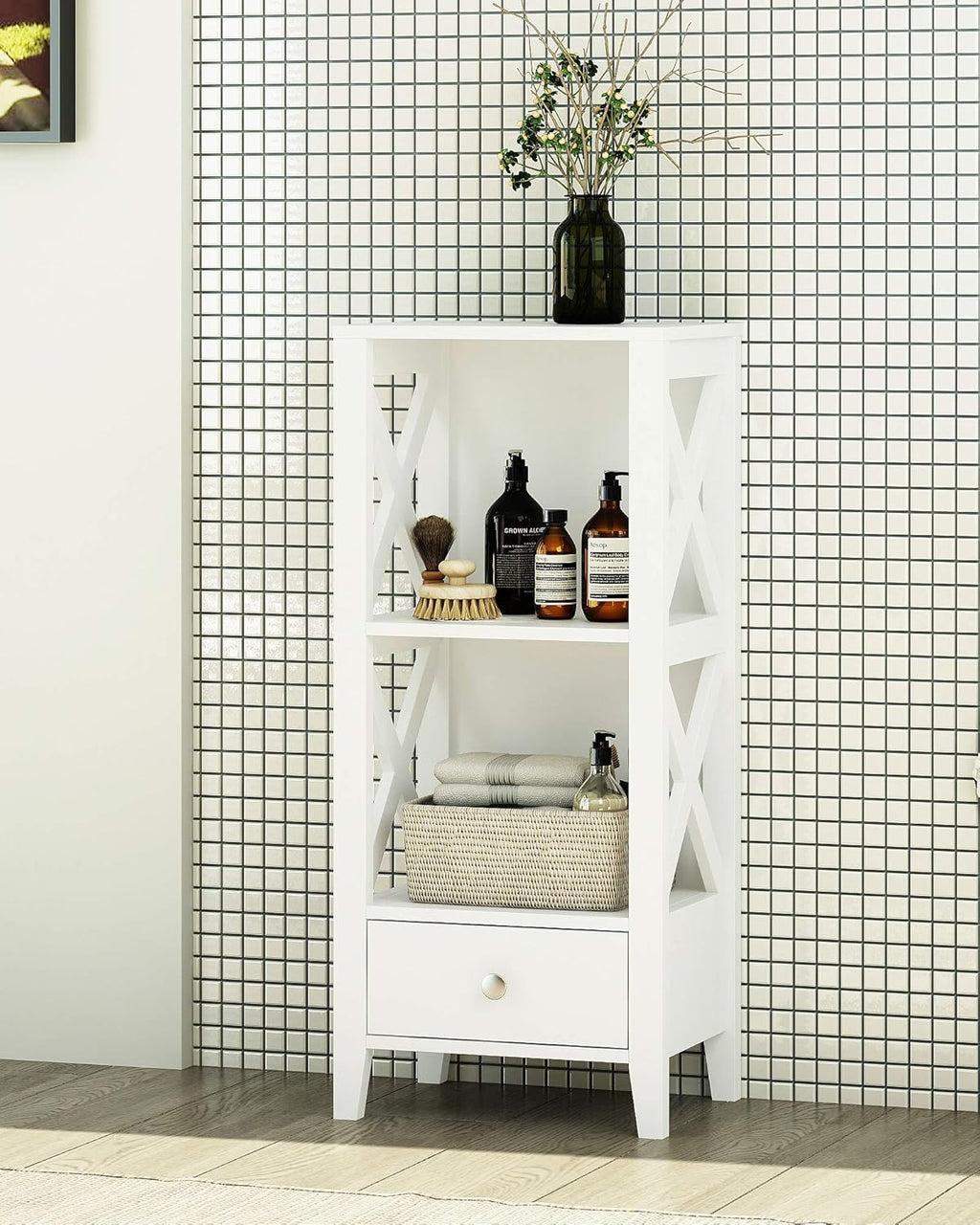 White 3-Shelf Bathroom Storage Tower with Single Drawers E62463