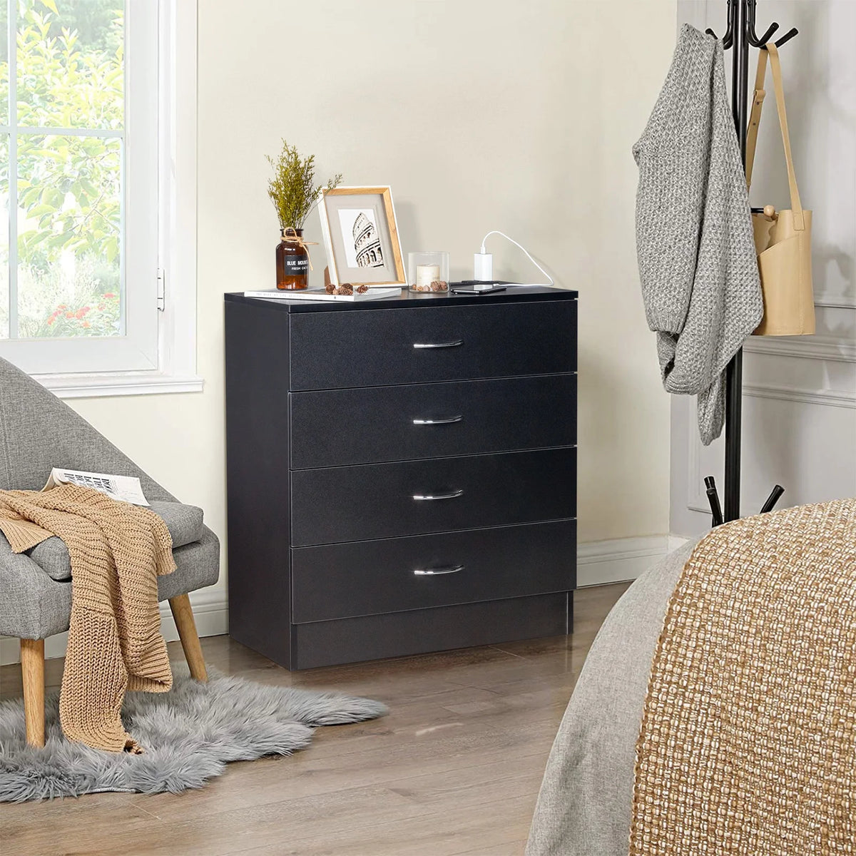 Black 4 Drawer Dresser with Power Outlets A452