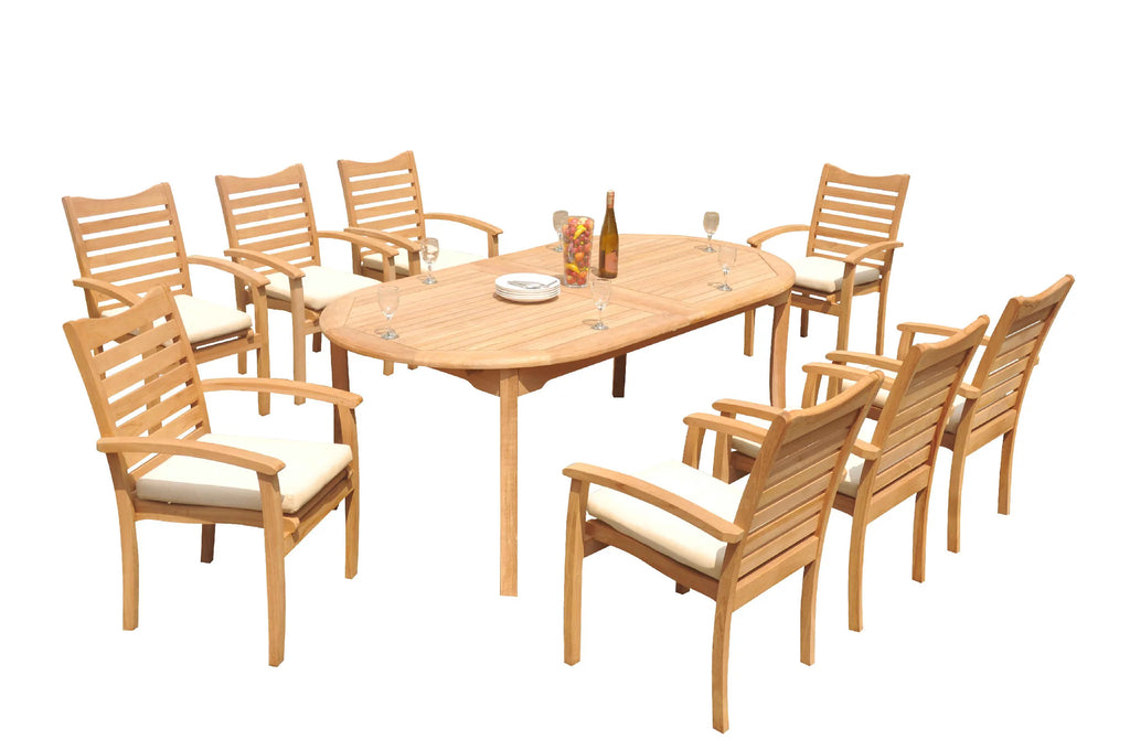 Grade-A Teak 9 Pc 8 Seater Dining Set with Oval Table and 8 Stacking Arm Chairs U595805