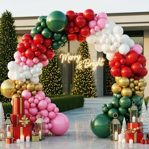 143pcs Double Stuffed Green Red White Pink Gold Balloon Arch Kit B22748