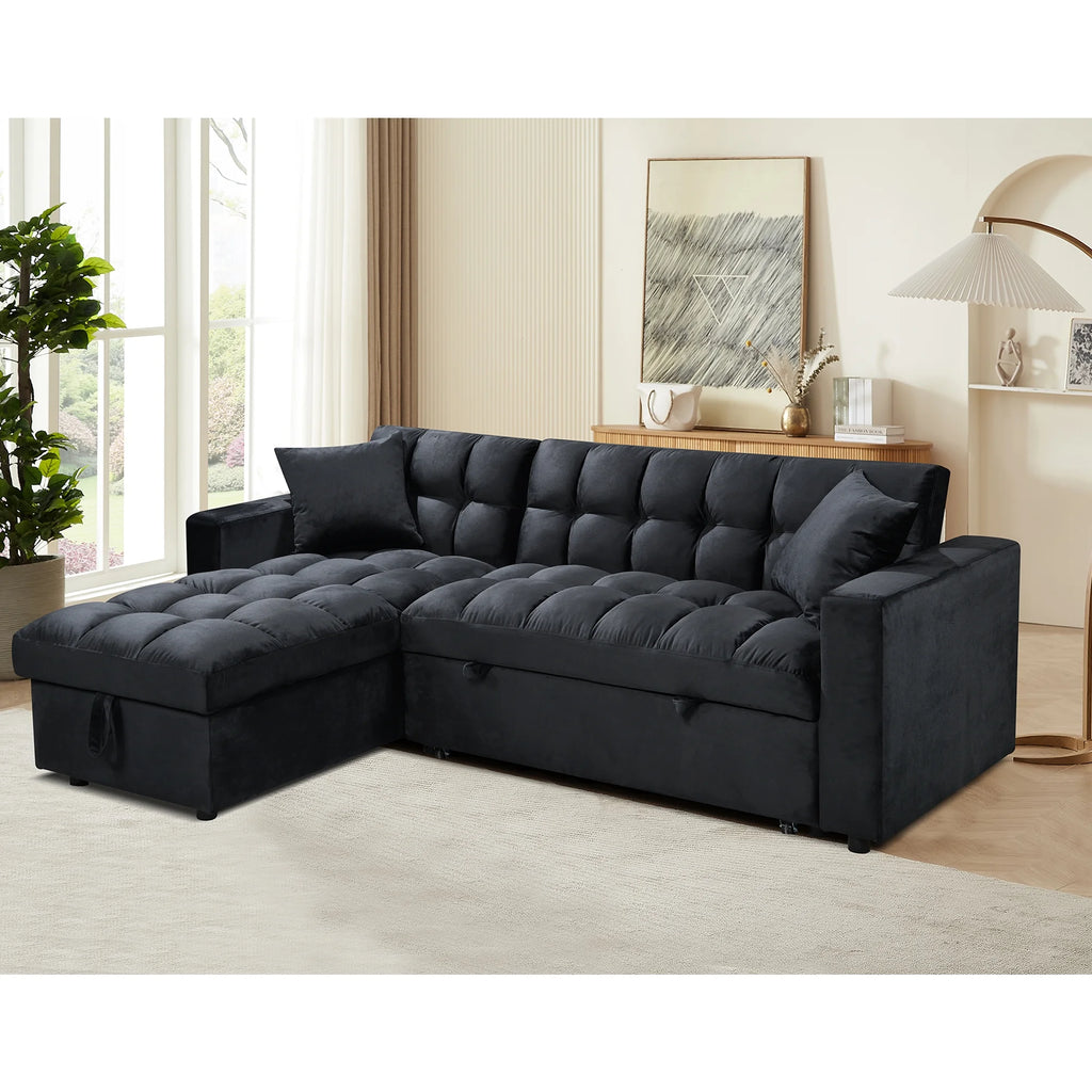 84" Black Velvet Convertible Sleeper Sofa with Storage Chaise B77914