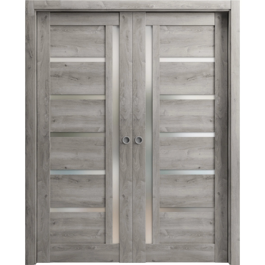 Sliding French Double Pocket Doors 64 x 80 inches Solid Wood with Frosted Glass Q77743