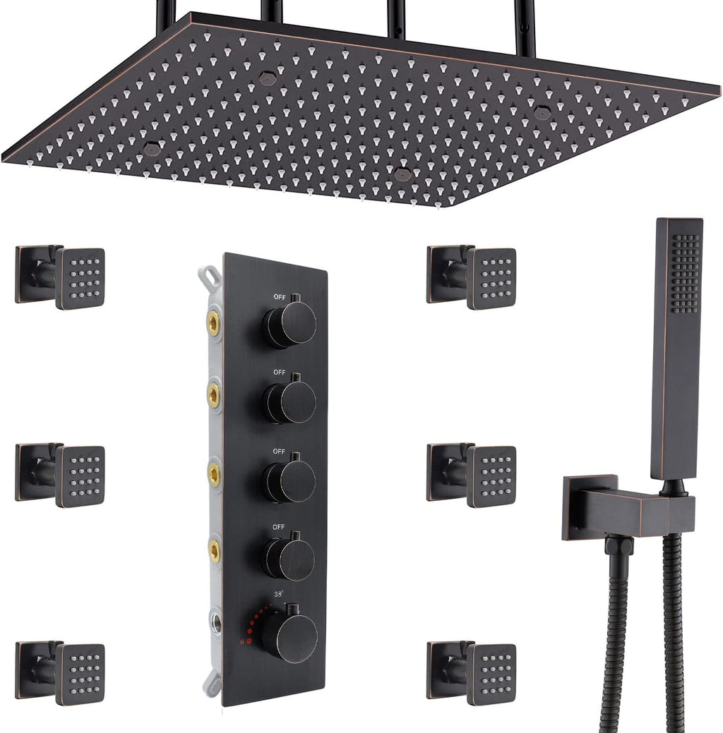 Brushed Gold Thermostatic Rain Shower Head System with Body Spray and Handheld Combo Set J343283