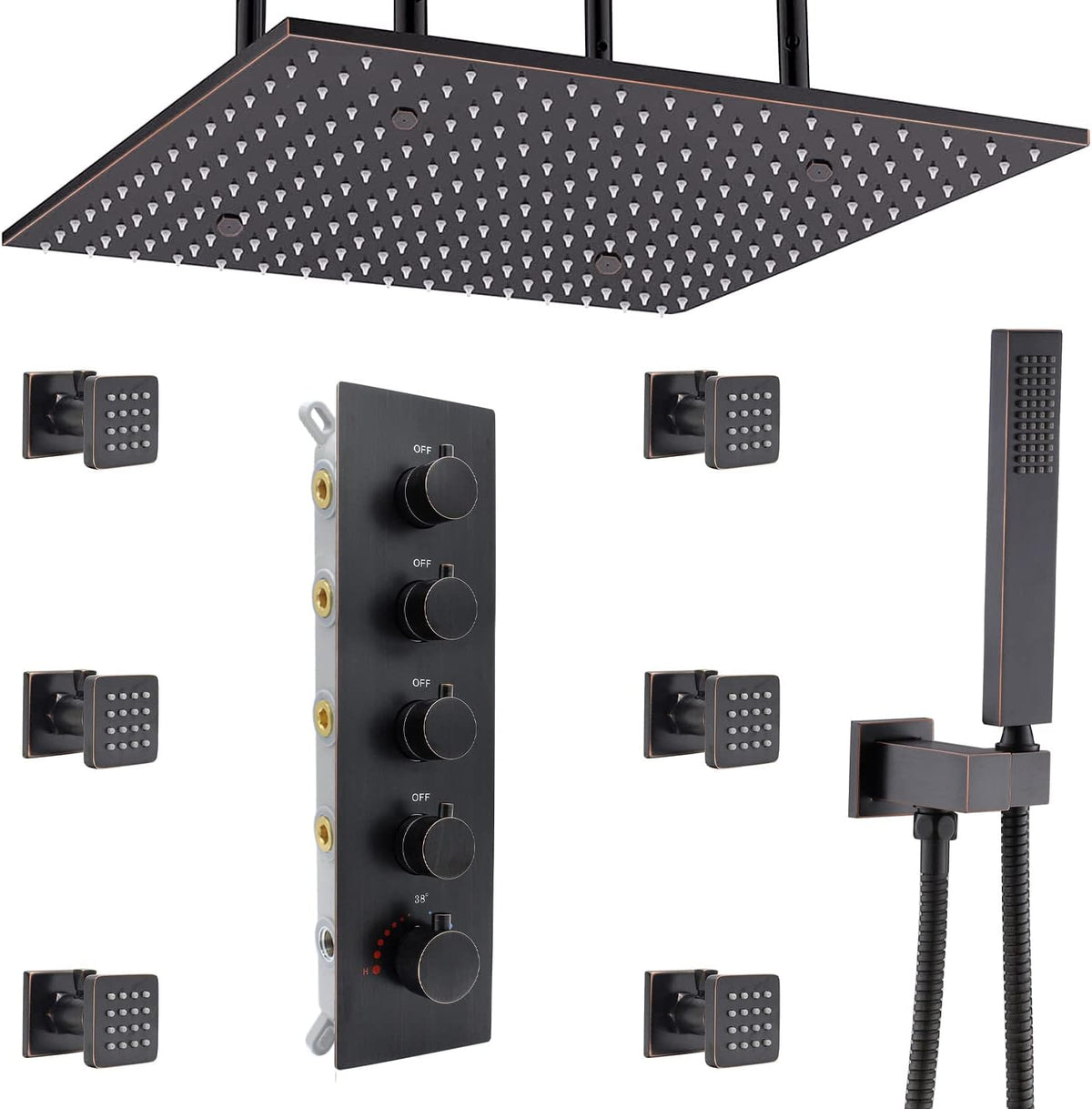 Brushed Gold Thermostatic Rain Shower Head System with Body Spray and Handheld Combo Set J343283