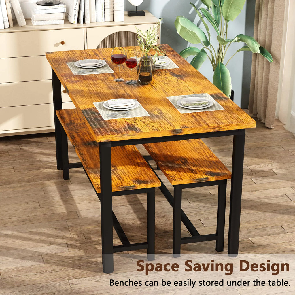 Rustic Brown 4 Person Kitchen Table Set with 2 Benches R612