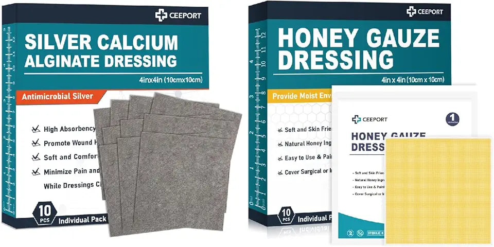 Silver Calcium Alginate Dressing 4''x4'' 10pcs + Manuka Honey Gauze Dressing 4'' x 4'' 10pcs C65382