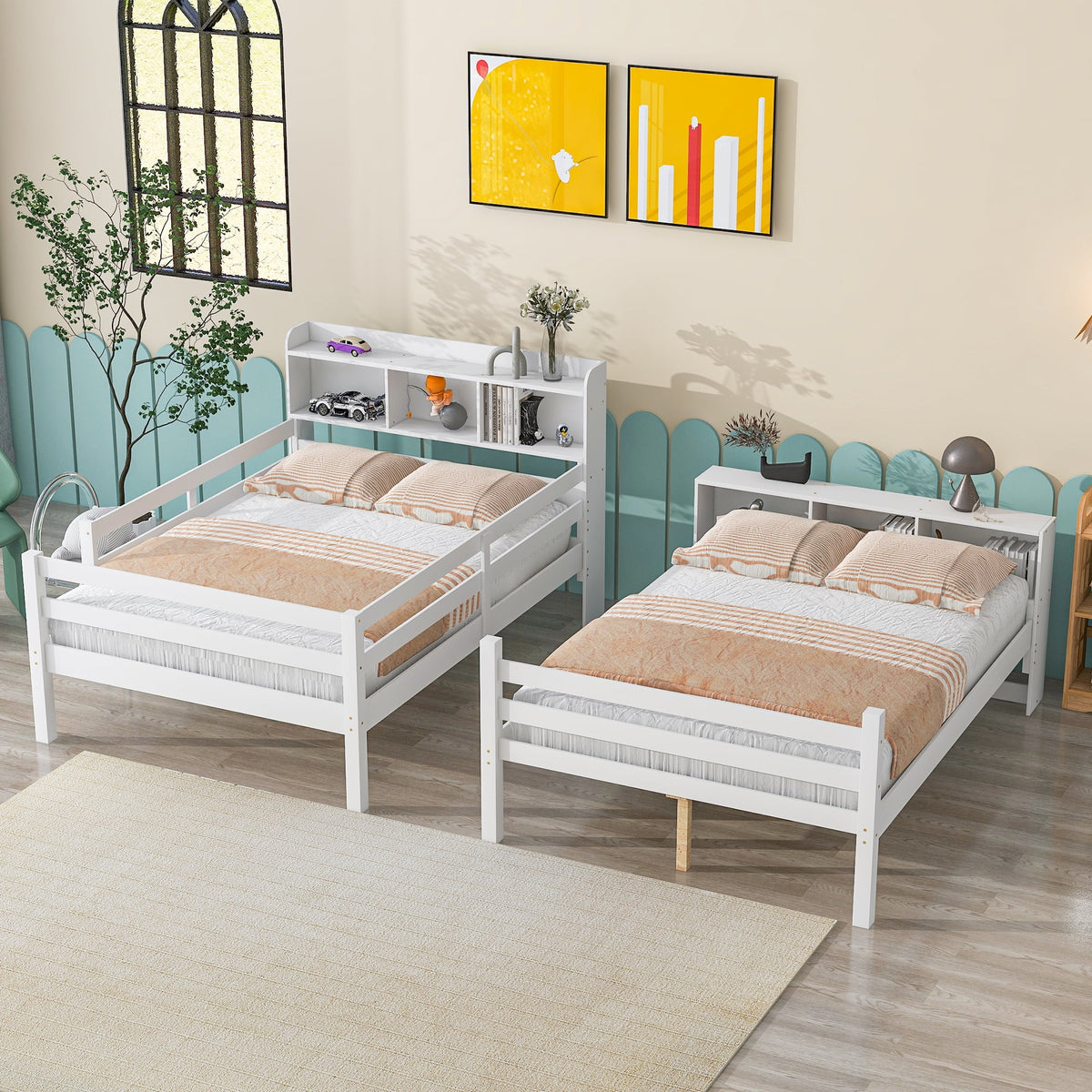 Full Over Full Bunk Beds with Bookcase Headboard, Solid Wood Bed Frame with Safety Rail and Ladder, White L371