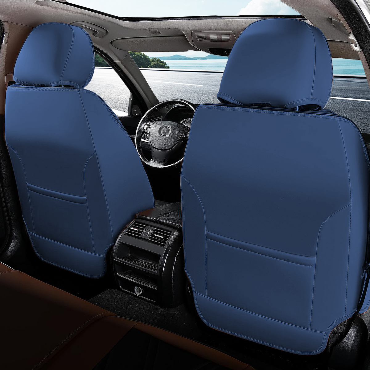 Blue&Beige 2Pcs Leather Car Seat Covers F53243