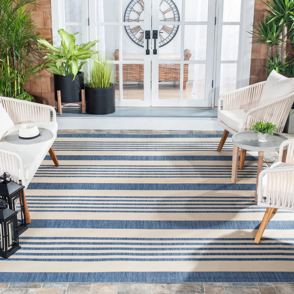 Beige Blue Striped Indoor Outdoor Area Rug 8' x 10' Q808