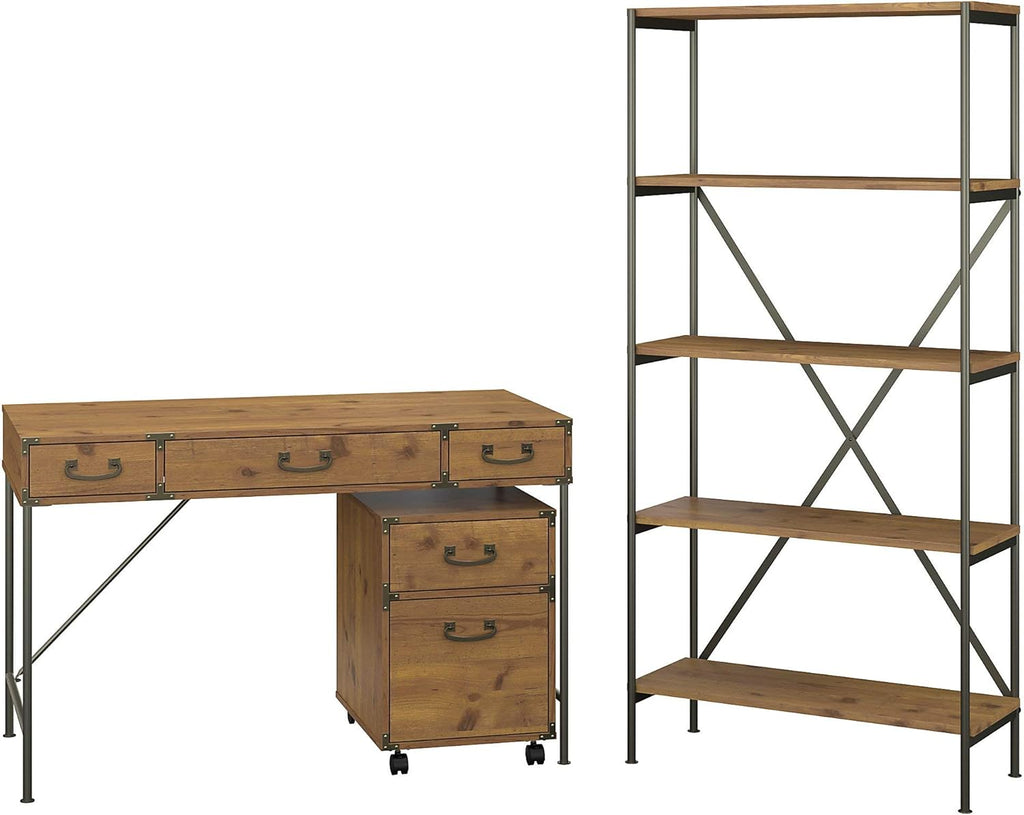 Vintage Golden Pine Writing Desk with File Cabinet and Bookcase J79515