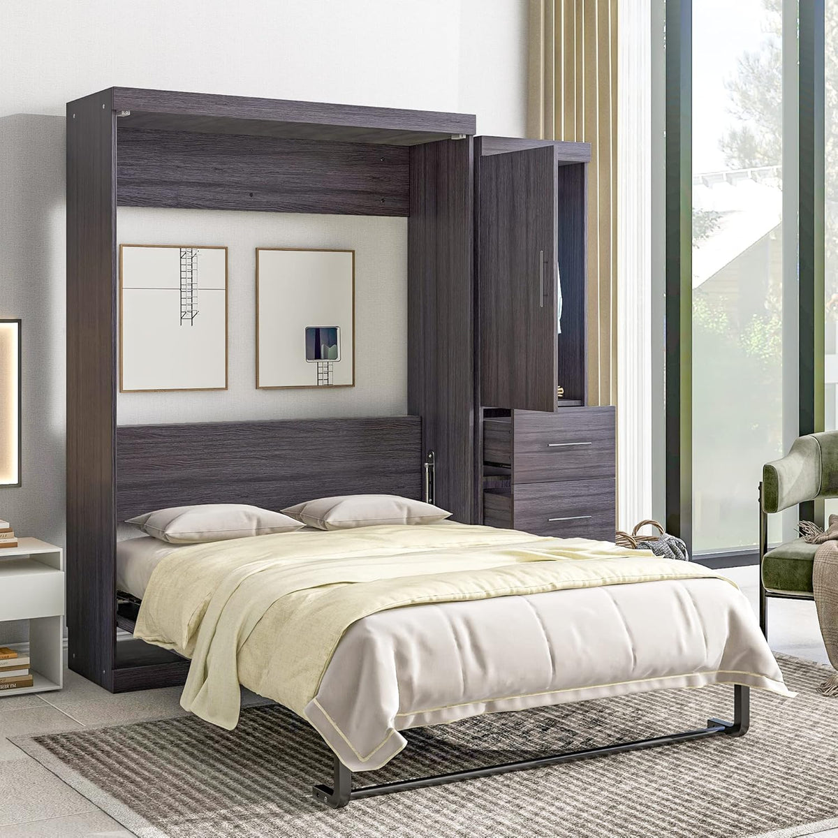 Gray Full Size Murphy Bed with Wardrobe and 3 Drawers P911238