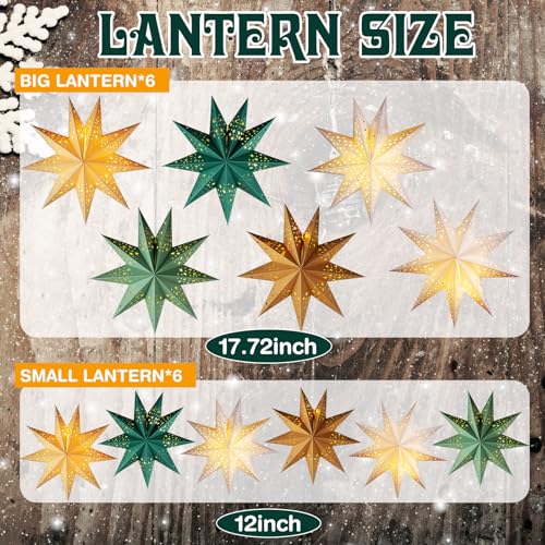 12 Pcs Sage Green 3D Star Lantern with String Light E1959