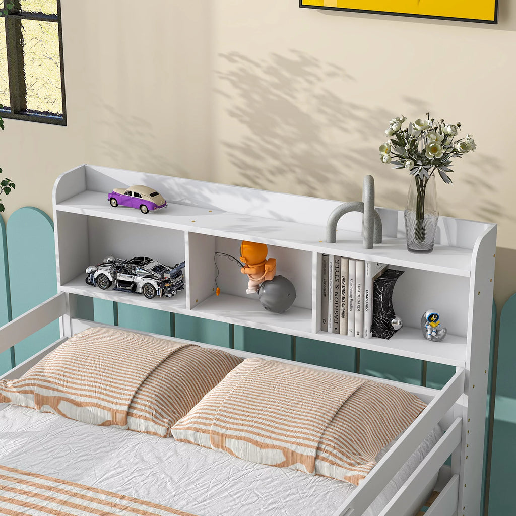 Full Over Full Bunk Beds with Bookcase Headboard, Solid Wood Bed Frame with Safety Rail and Ladder, White L371