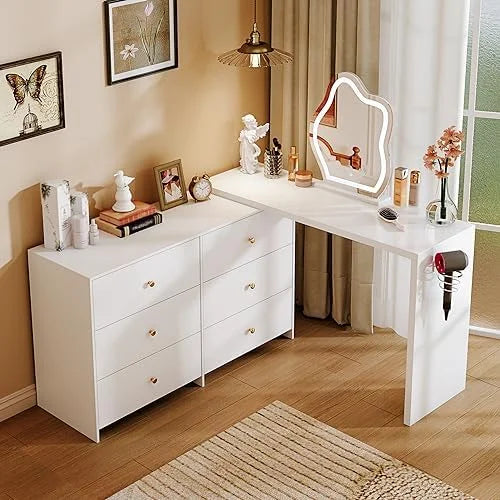 Modern Corner Vanity Table with LED Mirror and 6 Drawers G71072