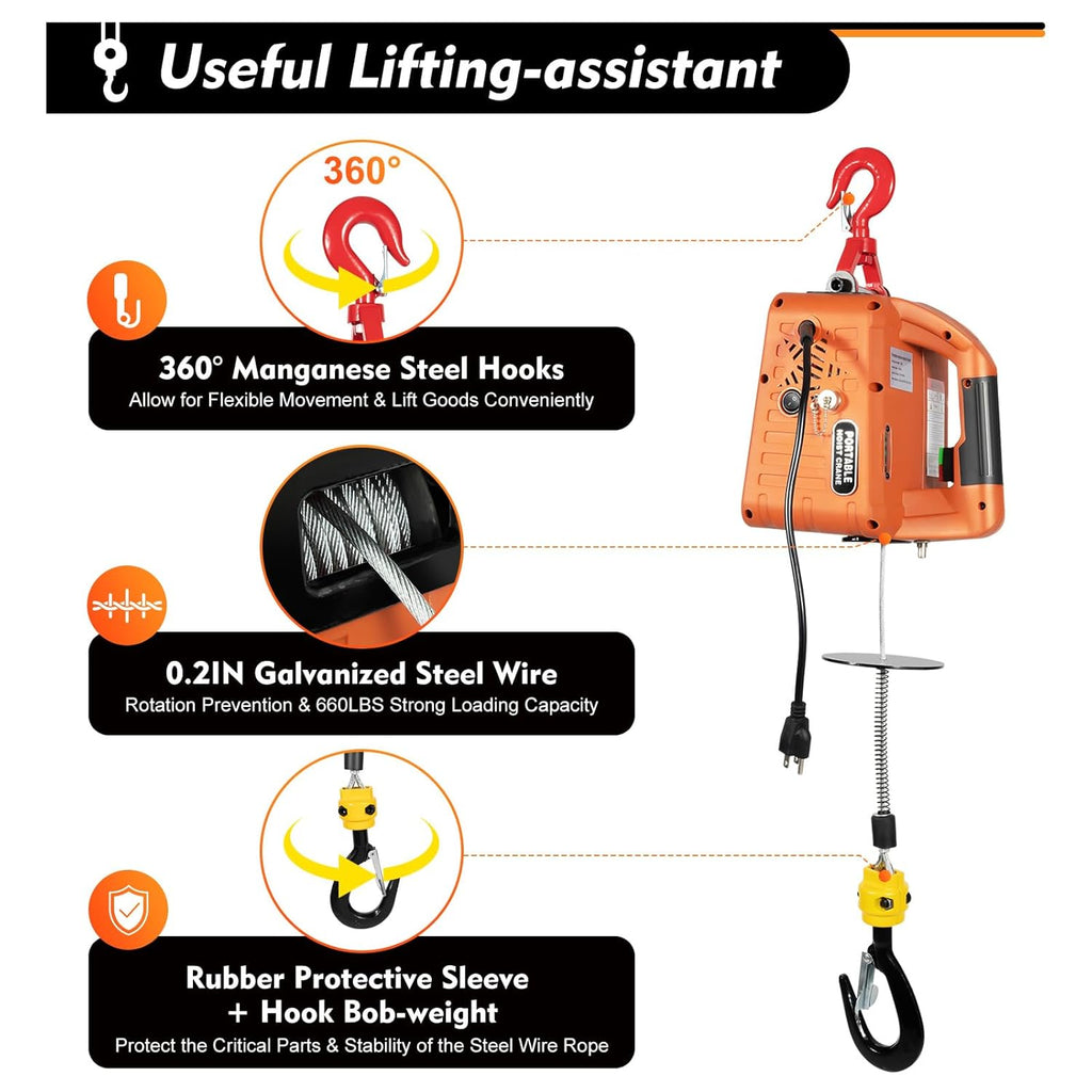 660LBS 110V 1500W Electric Hoist Winch with Wired and Wireless Remote Control E907