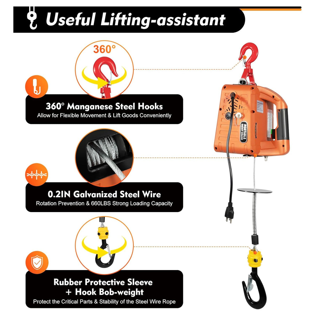 660LBS 110V 1500W Electric Hoist Winch with Wired and Wireless Remote Control E907