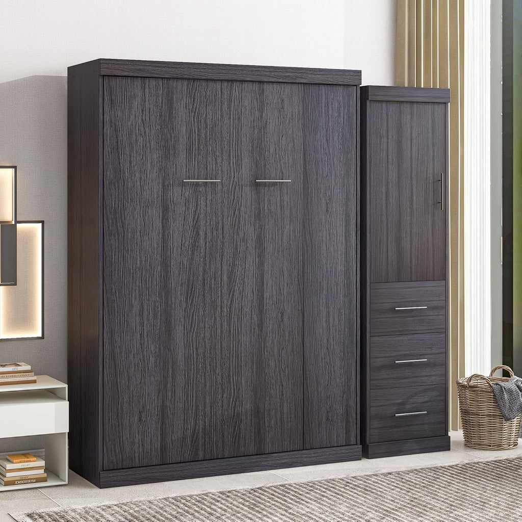 Gray Full Size Murphy Bed with Wardrobe and 3 Drawers P911238