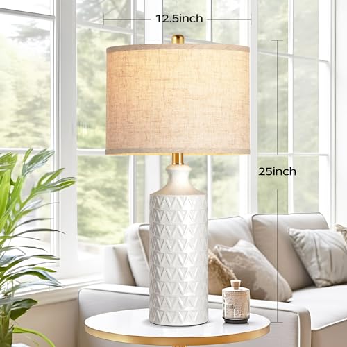 Farmhouse Ceramic Table Lamp Set of 2, 25" White Accent Lamp with 3-Color Temperature LED Bulbs M963118