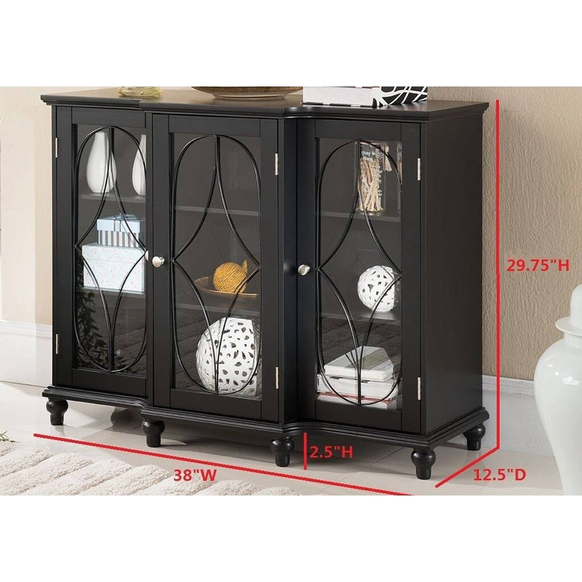 Black Wood Sideboard Buffet Console Table with Glass Doors O307094