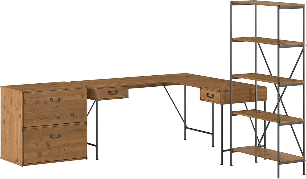 Vintage Golden Pine Writing Desk with File Cabinet and Bookcase J79515