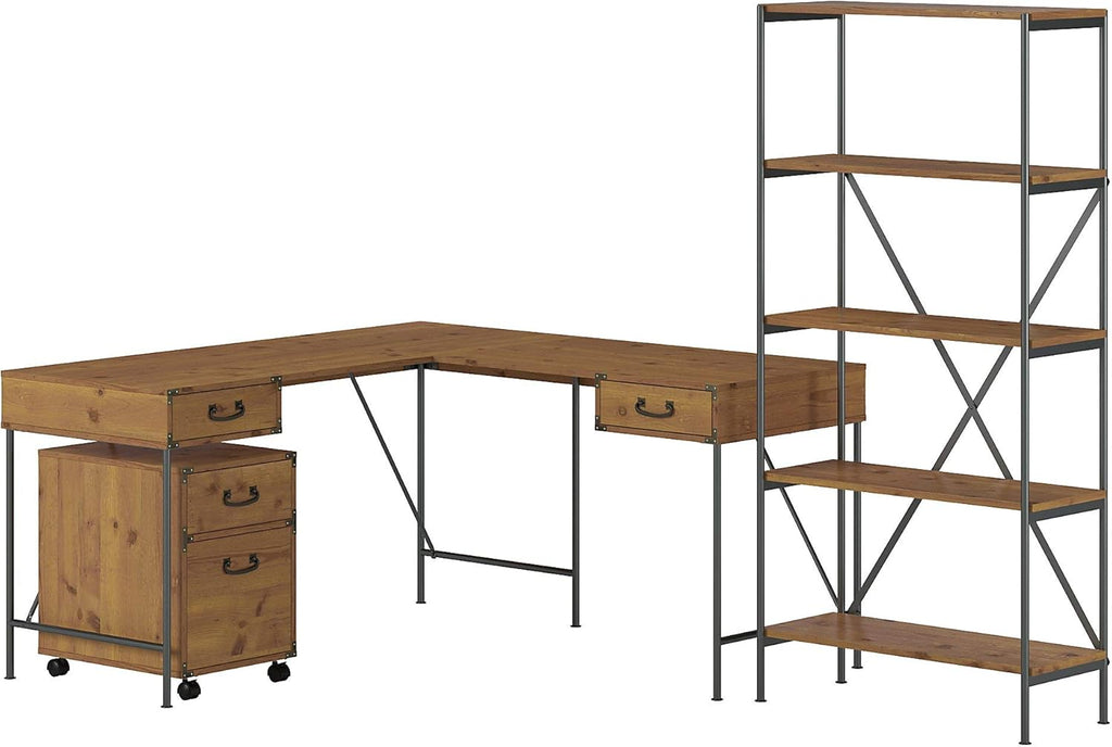 Vintage Golden Pine Writing Desk with File Cabinet and Bookcase J79515