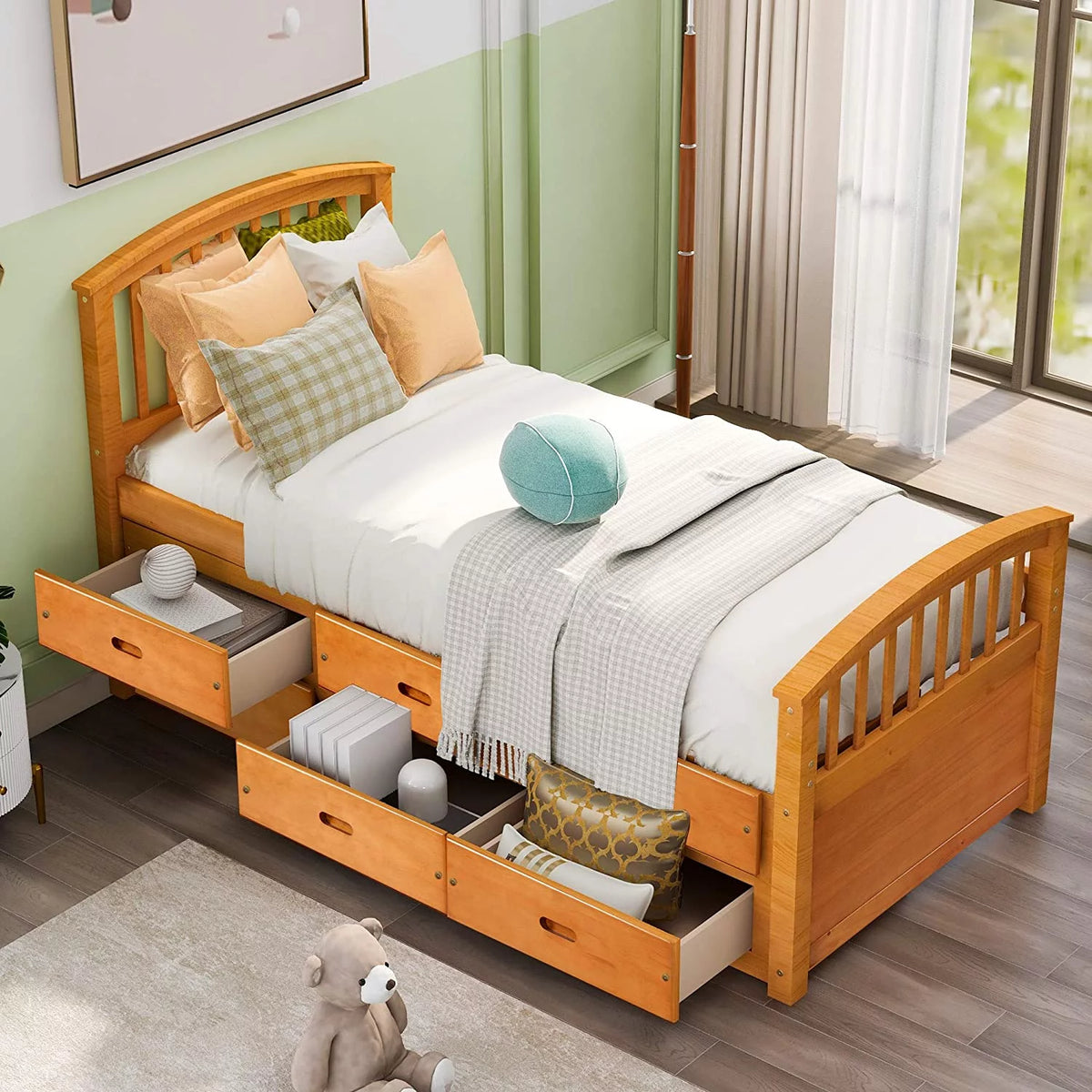 Twin Size Wood Platform Storage Bed with 6 Drawers K14828