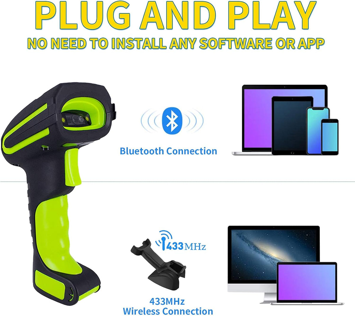 2D Wireless Bluetooth Barcode Scanner with Charging Stand Pack of 2 L570