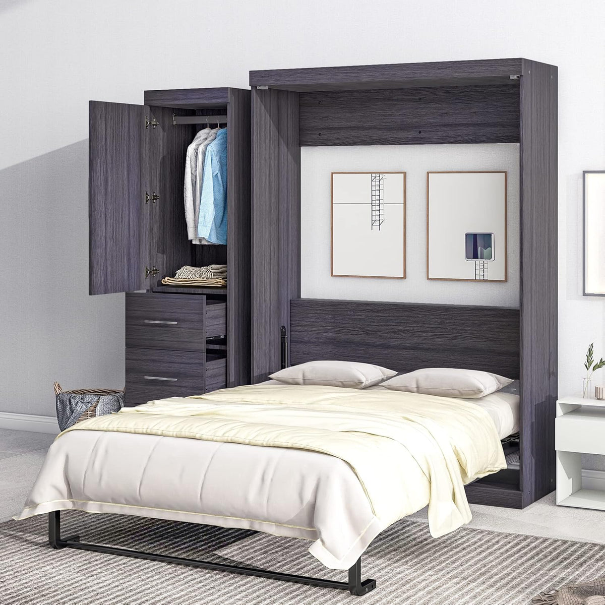 Gray Full Size Murphy Bed with Wardrobe and 3 Drawers P911238