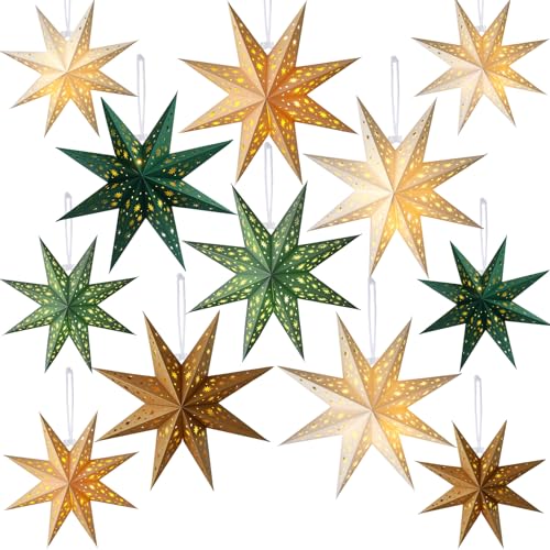 12 Pcs Sage Green 3D Star Lantern with String Light E1959