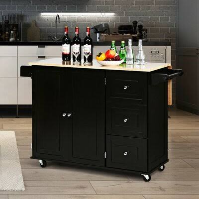 Black Drop-Leaf Kitchen Island Trolley Cart Wood Storage Cabinet I4348
