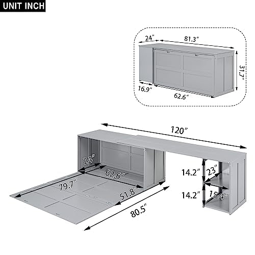 Grey Queen Size Murphy Bed with Storage Shelves D6395