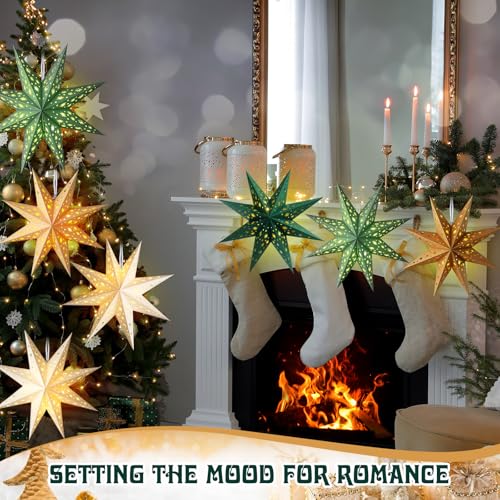 12 Pcs Sage Green 3D Star Lantern with String Light E1959