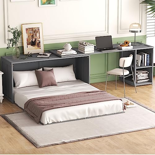 Grey Queen Size Murphy Bed with Storage Shelves D6395