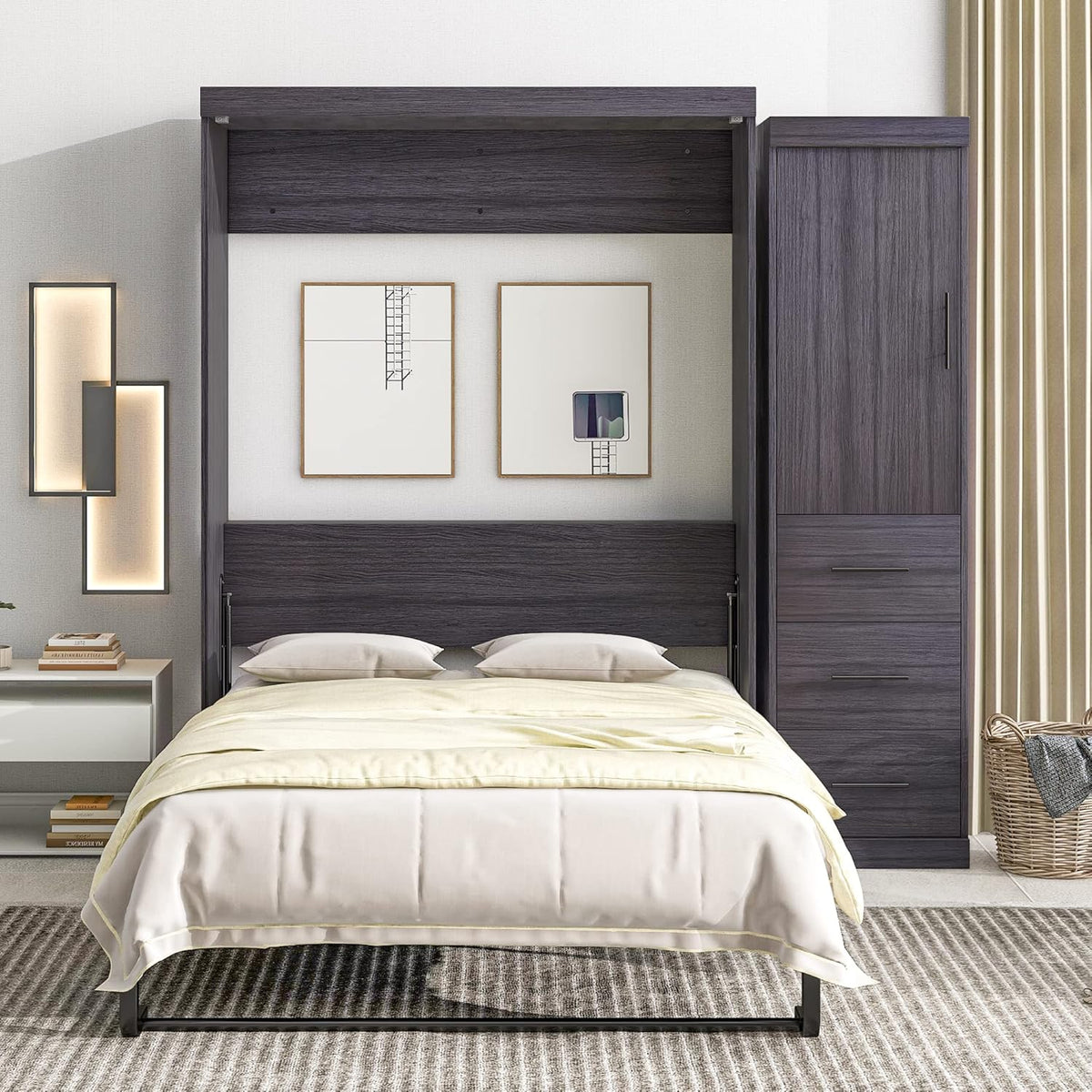 Gray Full Size Murphy Bed with Wardrobe and 3 Drawers G1500