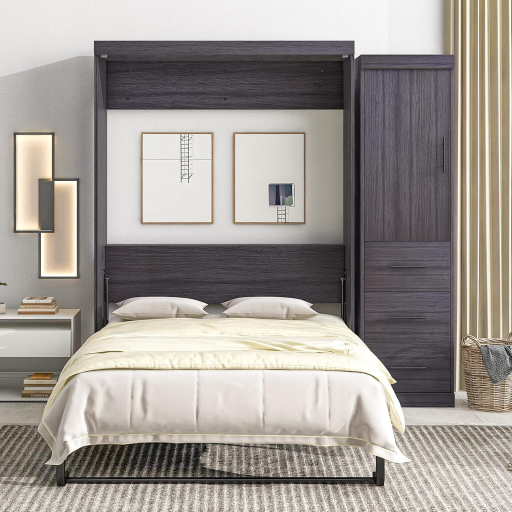 Gray Full Size Murphy Bed with Wardrobe and 3 Drawers P911238