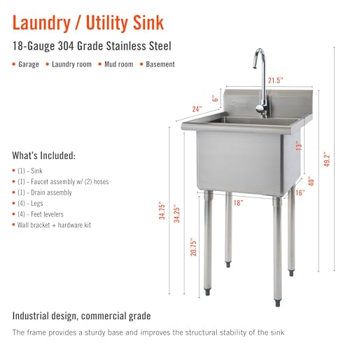Stainless Steel Single Bowl Utility Sink, 21.5” x 24” x 49.2”, Silver K670
