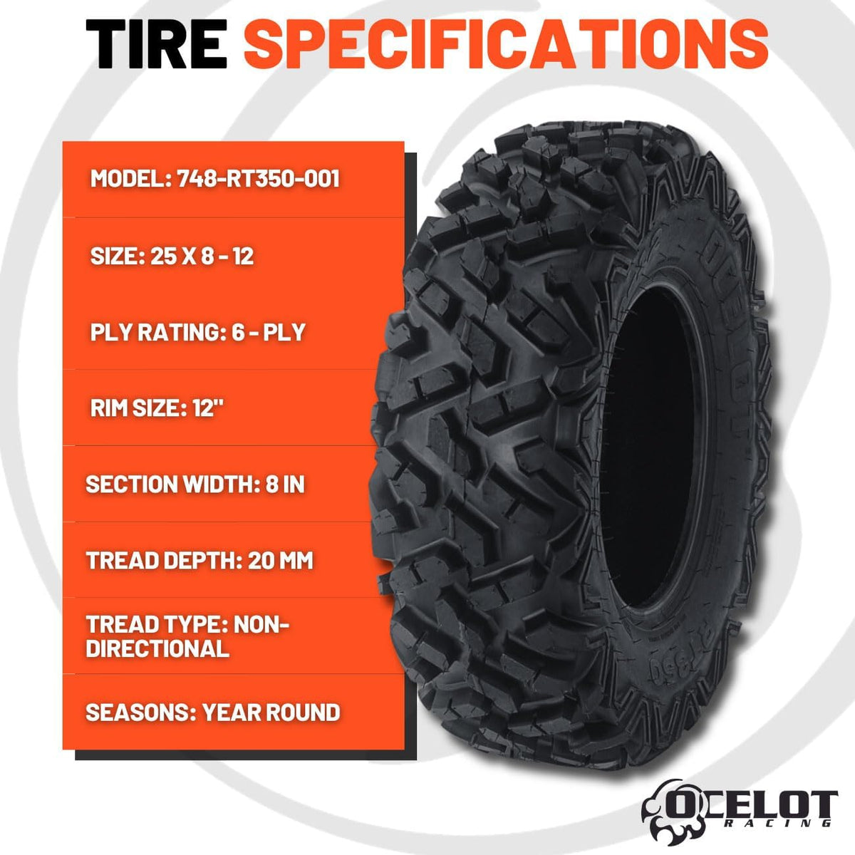 25x8x12 UTV Tires All-Terrain Tire 6-Ply Bias Non-Directional Aggressive Tread A748221