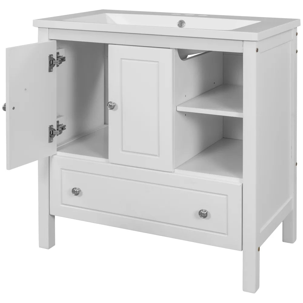 30" White Bathroom Vanity with Ceramic Sink and Storage Cabinet F511