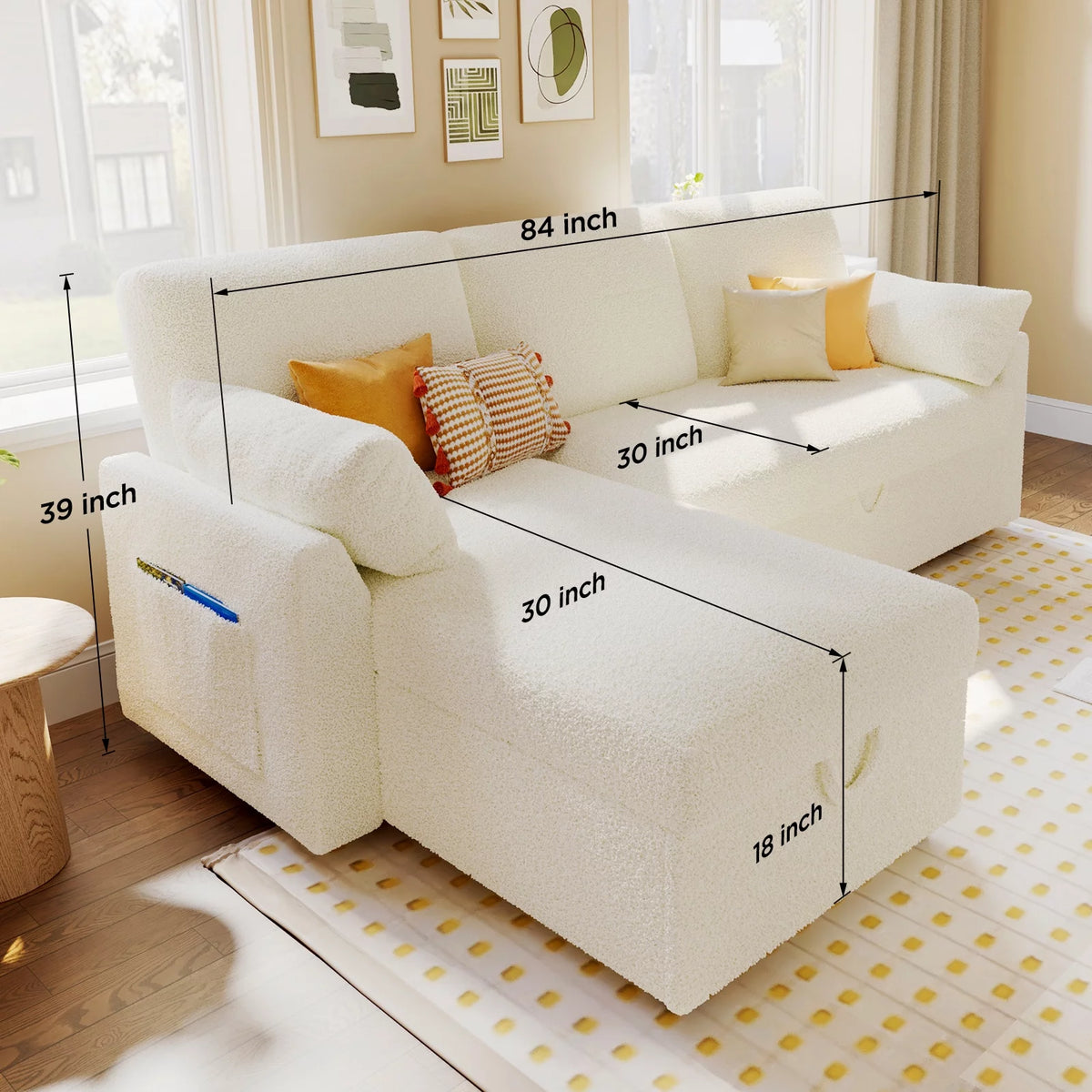 White Sherpa Sofa Bed with Storage Chaise X28685